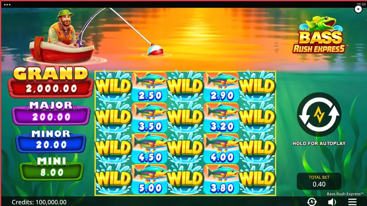 Pemandangan danau yang tenang di slot Bass Rush Express